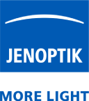 A blue and white logo for jenoptik