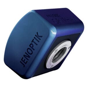 A blue and black camera with the word jenoptik written on it.